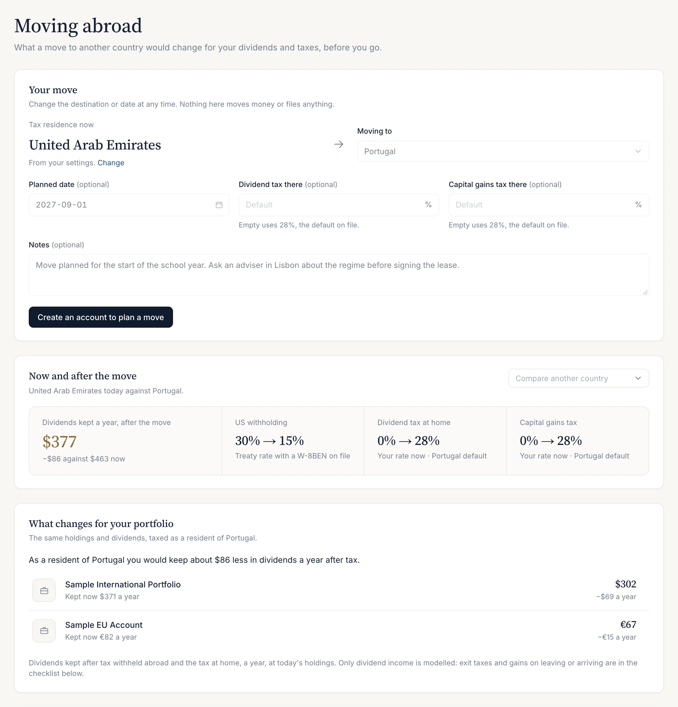 Relocation for the sample: from the United Arab Emirates to Portugal on 1 September 2027; dividends kept a year after the move $377, $86 less than now, US withholding 30% to 15%, dividend tax 0% to 28% and capital gains tax 0% to 28%, then the change account by account.
