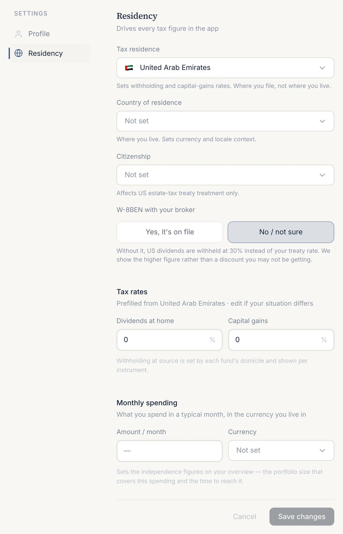 Profile and Settings, Residency section: tax residence United Arab Emirates, country of residence and citizenship not set, W-8BEN choice, dividend and capital gains rates prefilled at 0%, and monthly spending with its currency.